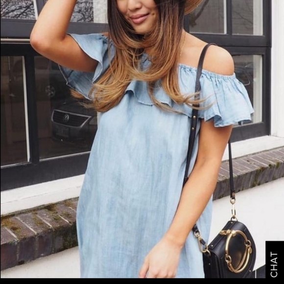Lulu's Light Blue Chambray Off-the-Shoulder Dress "Standout Style" - Picture 3 of 8